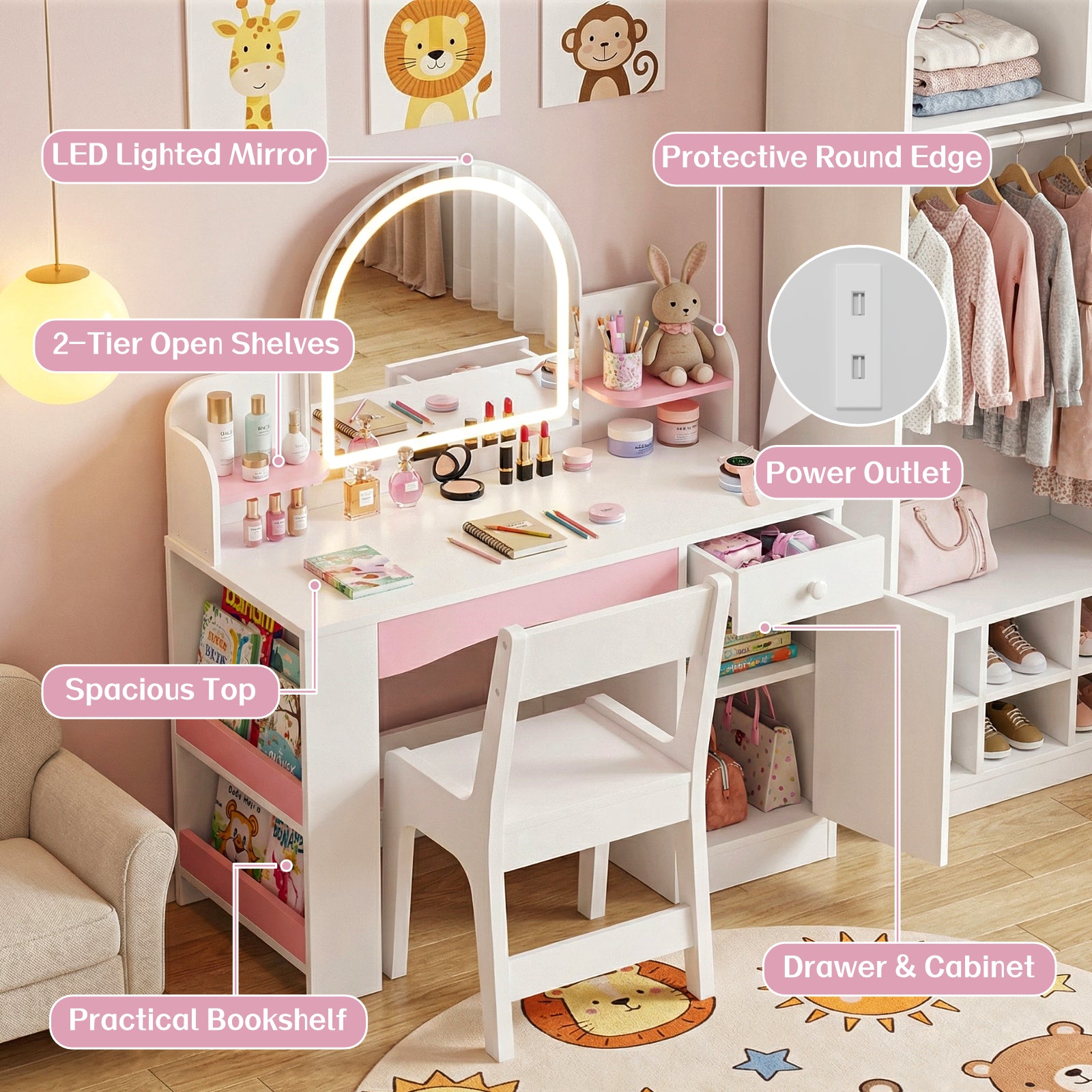 Bexfil Kids Vanity with Lights, Princess Vanity Table and Chair Set for Girls, Toddler Makeup Desk with Open Storage Shelves, for Bedroom or Playroom