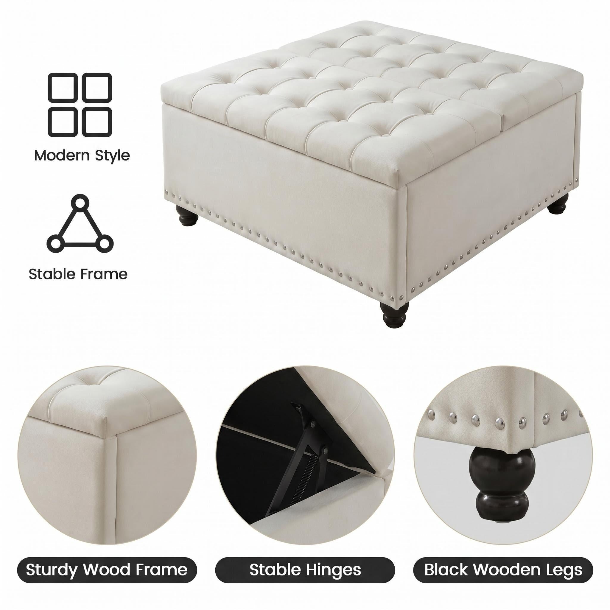 Bexfil Large Square Storage Ottoman, Coffee Table Storage Ottoman, Tufted Upholstered Oversized Square Ottoman for Living Room, White