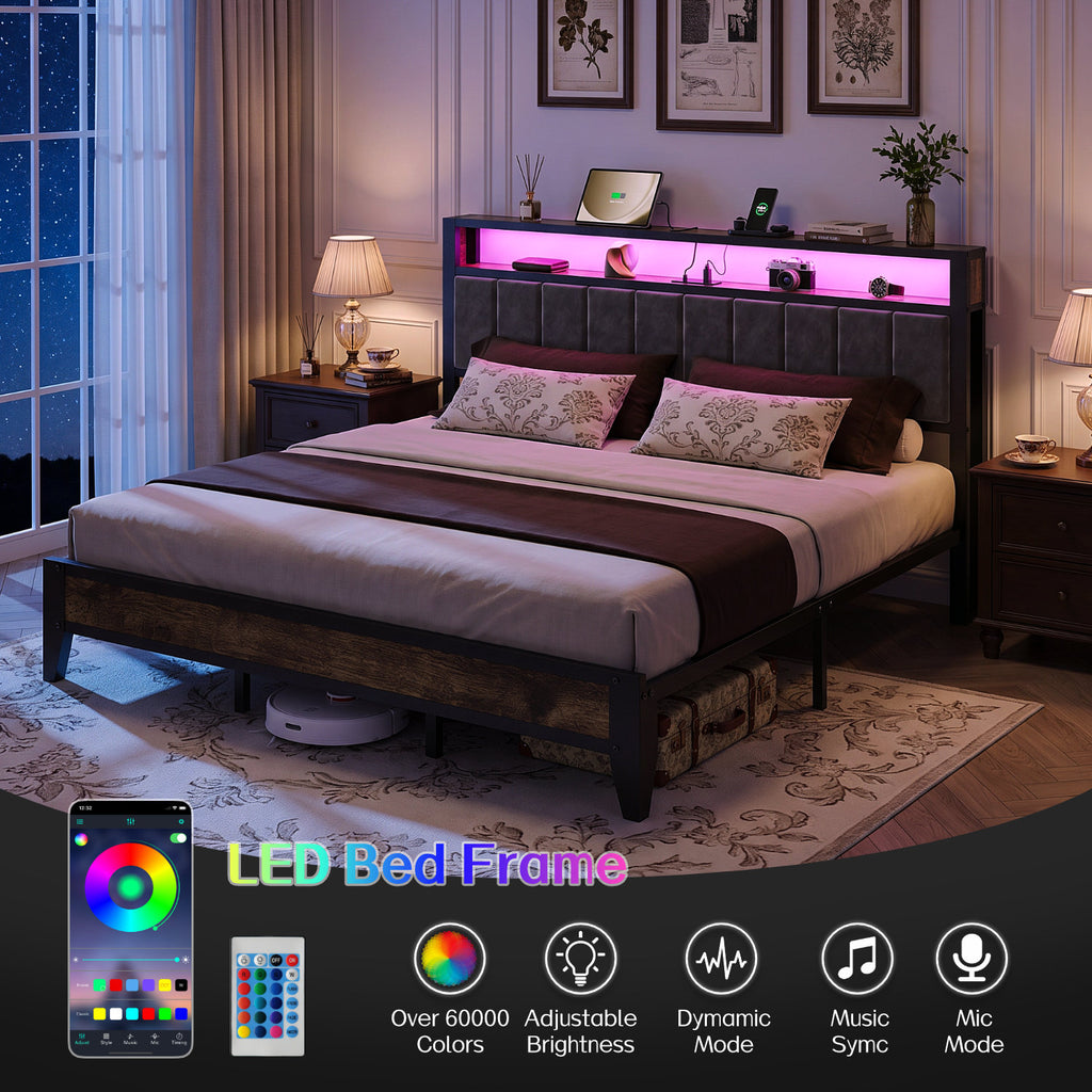 Bexfil King Size Bed Frame with LED Light, Charging Station and Storage Wood Headboard, Platform Bed Frames Weight Capacity of 1400 lbs for Bedroom (80.9‘'x80''Mattress )
