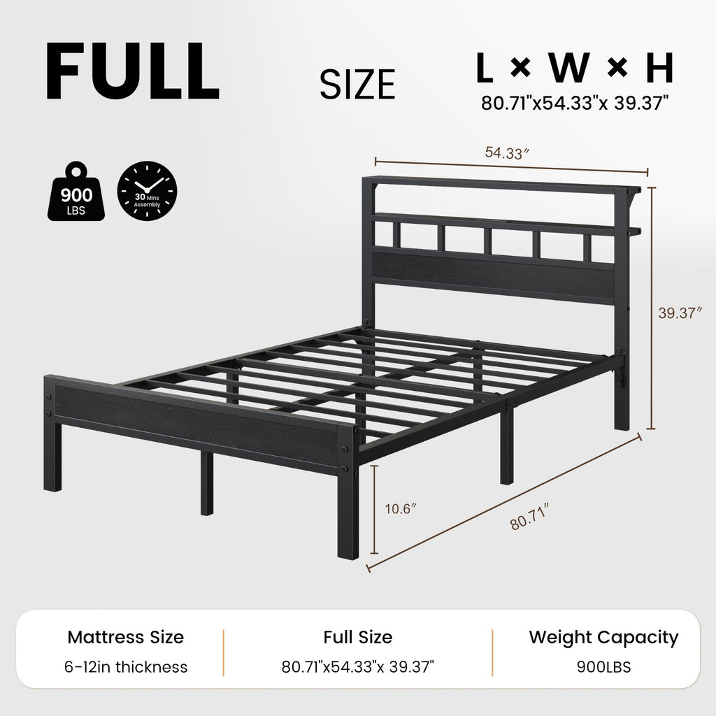 Bexfil Full Bed Frame with Storage Headboard and LED Light, Metal Platform Bed Station with Charging Station & LED, Noise-Free, No Box Spring Needed