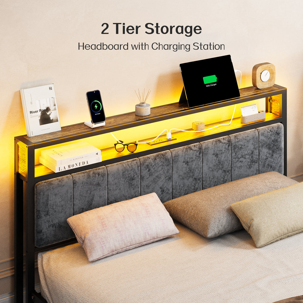Dayago King Size Bed Frame, Storage Headboard with Charging Station, Solid and Stable, Noise Free, No Box Spring Needed, Easy Assembly, Rustic Brown