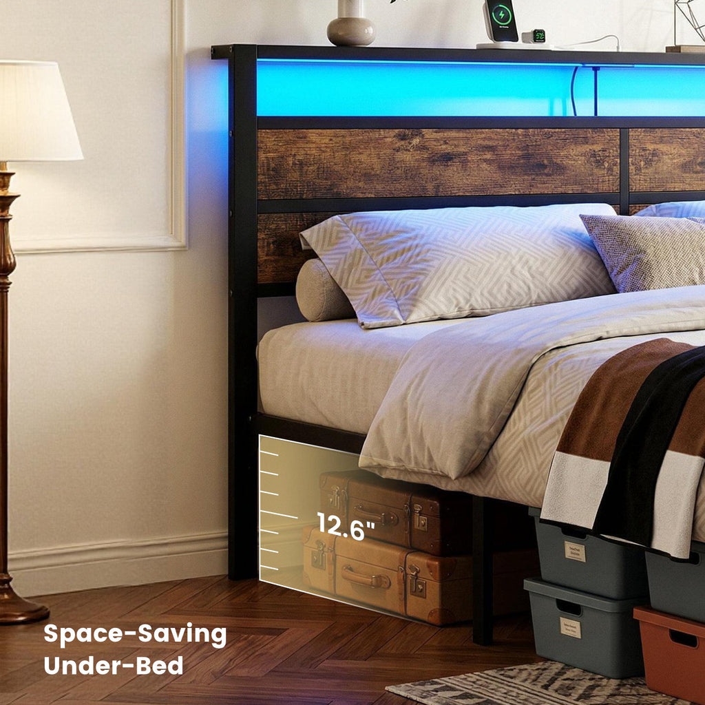 Dayago Full Bed Frames with Charging Station and LED Lights, Full Size Wood Headboard Platform Bed with Metal Slats, No Box Spring Needed and Noise Free, Brown Oak