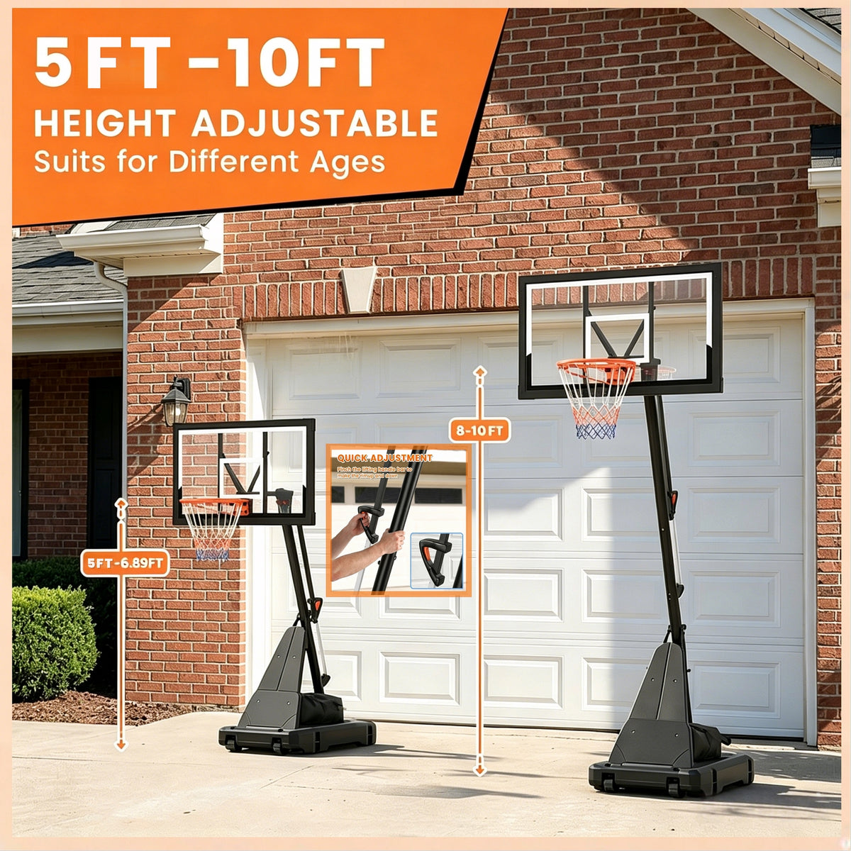 Bexfil 44 inch Portable Basketball Hoop, Adjustable 5.3-10 ft Height with Shatterproof PC Backboard, Outdoor Goal System for Kids & Adults