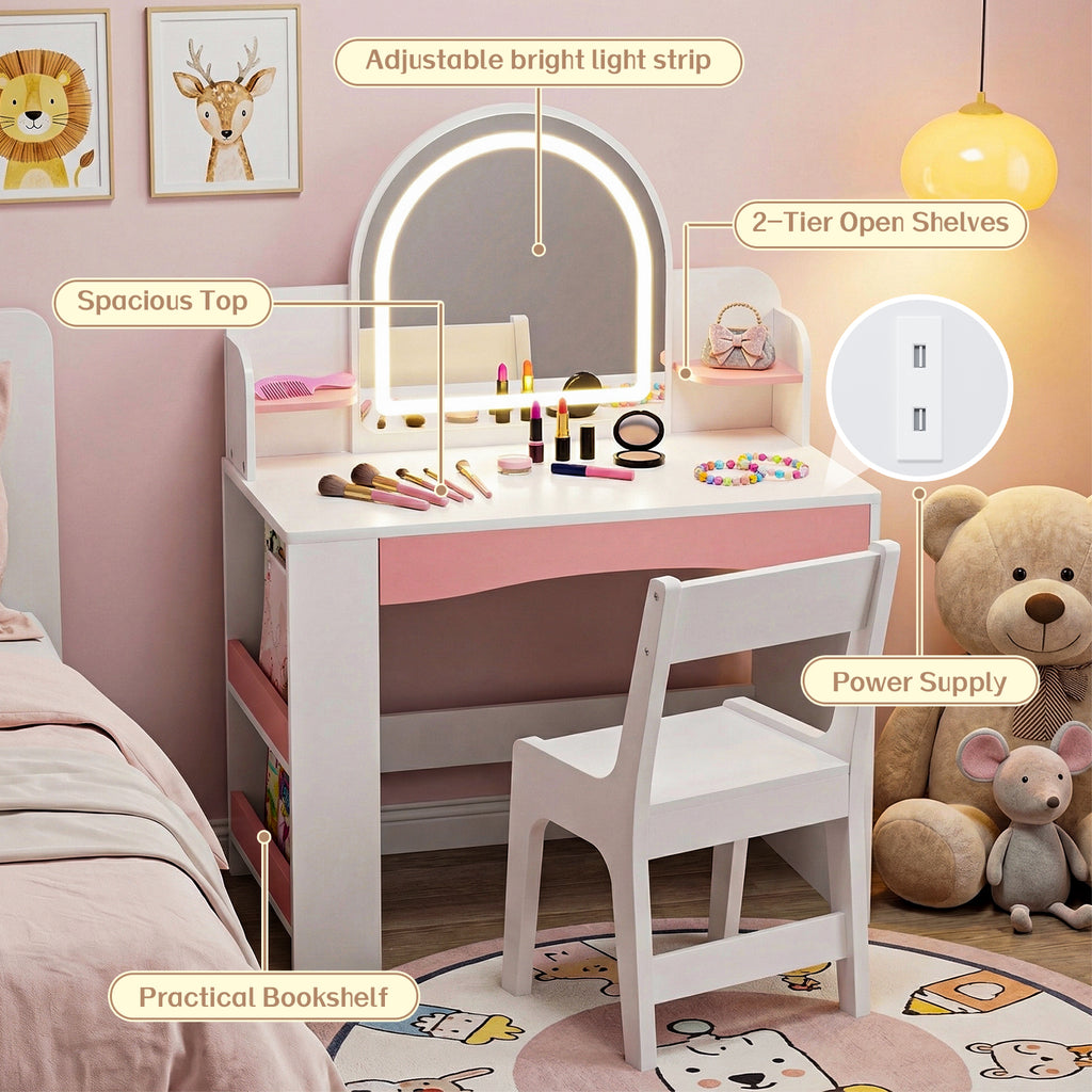 Bexfil Toddler Vanity with Lights and Chair Set, Kids LED Makeup Table with Adjustable Brightness & 3 Lighting Modes, Open Shelves and Bookshelf for Bedroom Playroom