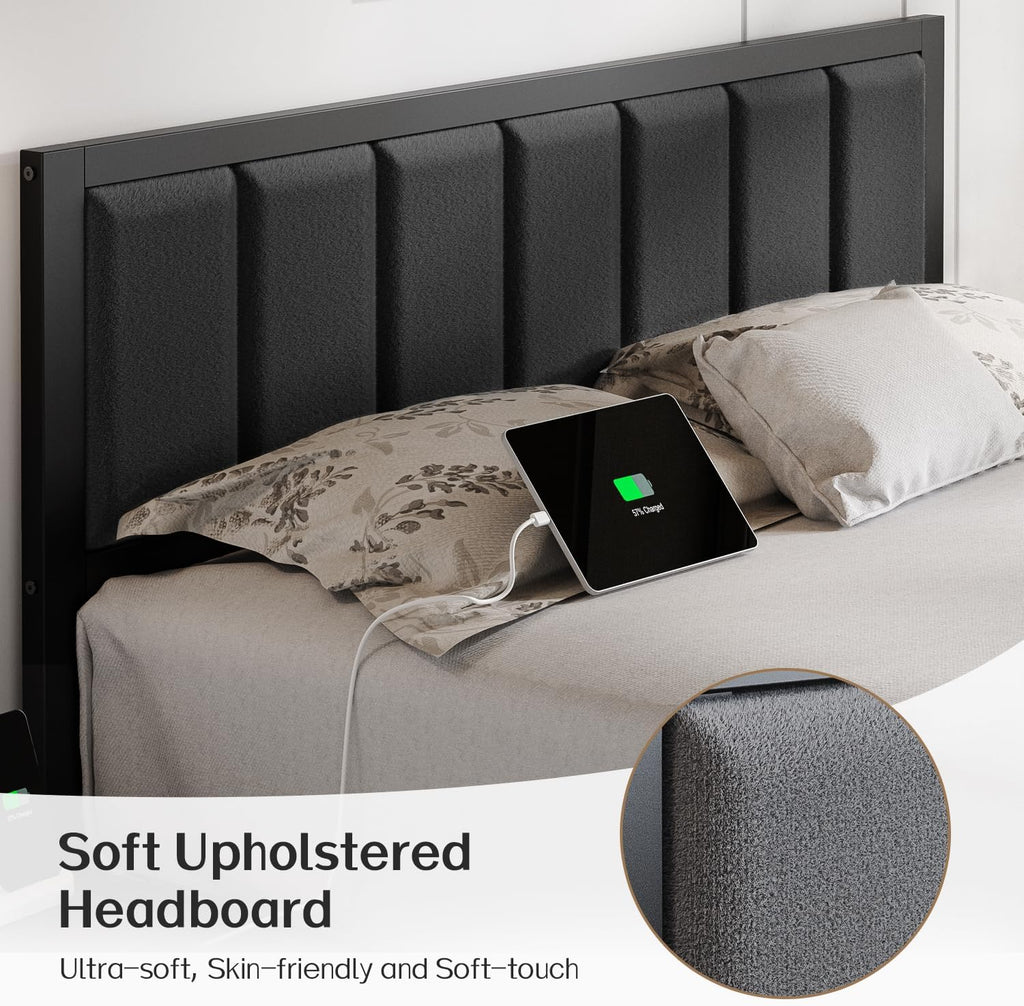 OLEVS Queen Bed Frame with Headboard, Smart LED & Charging Station| Metal Platform Bed Queen Size with LED, USB Charging & Upholstered Headboard, 1,000 lbs Weight Capacity, No Box Spring Needed