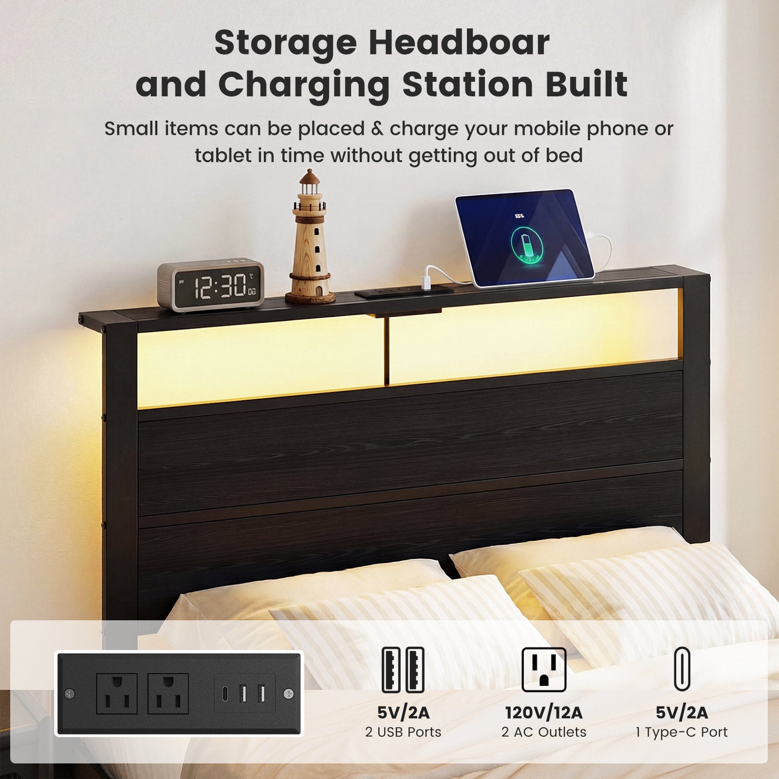 Kbun Twin Size Platform Bed Frame with Fabric Wood Headboard, Metal Bed Frame with LED Light, Heavy Duty Steel Slat Supported Full Bed Frames, No Box Spring Needed, Black