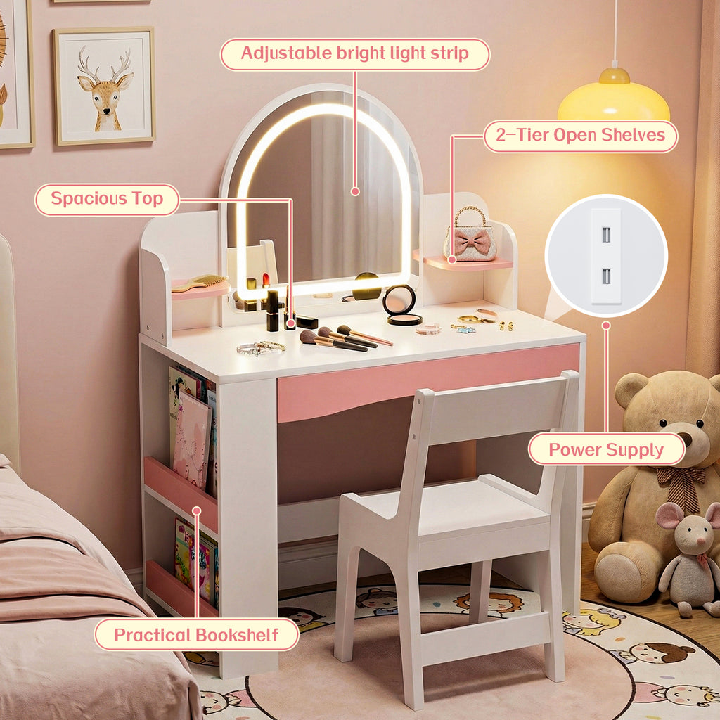 Bexfil Toddler Vanity with Lights and Chair Set, Kids LED Makeup Table with Adjustable Brightness & 3 Lighting Modes, Open Shelves and Bookshelf for Bedroom, Children's Study
