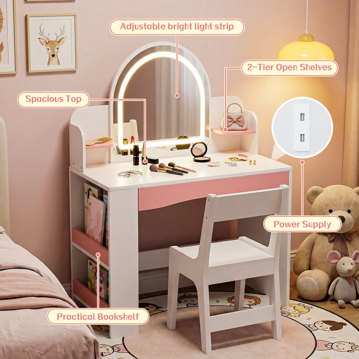Bexfil Toddler Vanity with Lights and Chair Set, Kids LED Makeup Table with Adjustable Brightness & 3 Lighting Modes, Open Shelves and Bookshelf for Bedroom, Children's Study