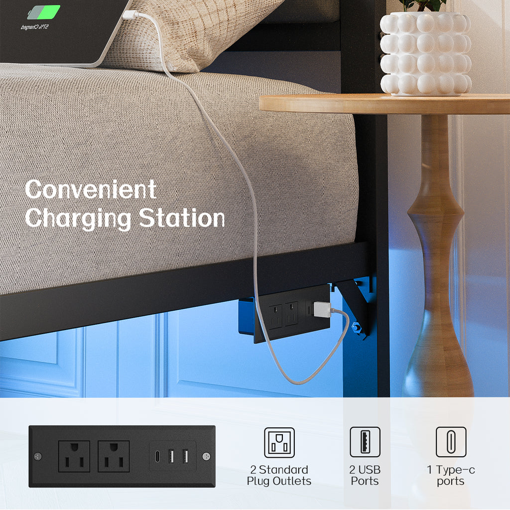 Kbun Queen Bed Frame with Headboard, Outlets and LED Lights, Heavy Duty Metal Platform with Storage Space Under Frame, No Box Spring Needed, Noise Free, Gray