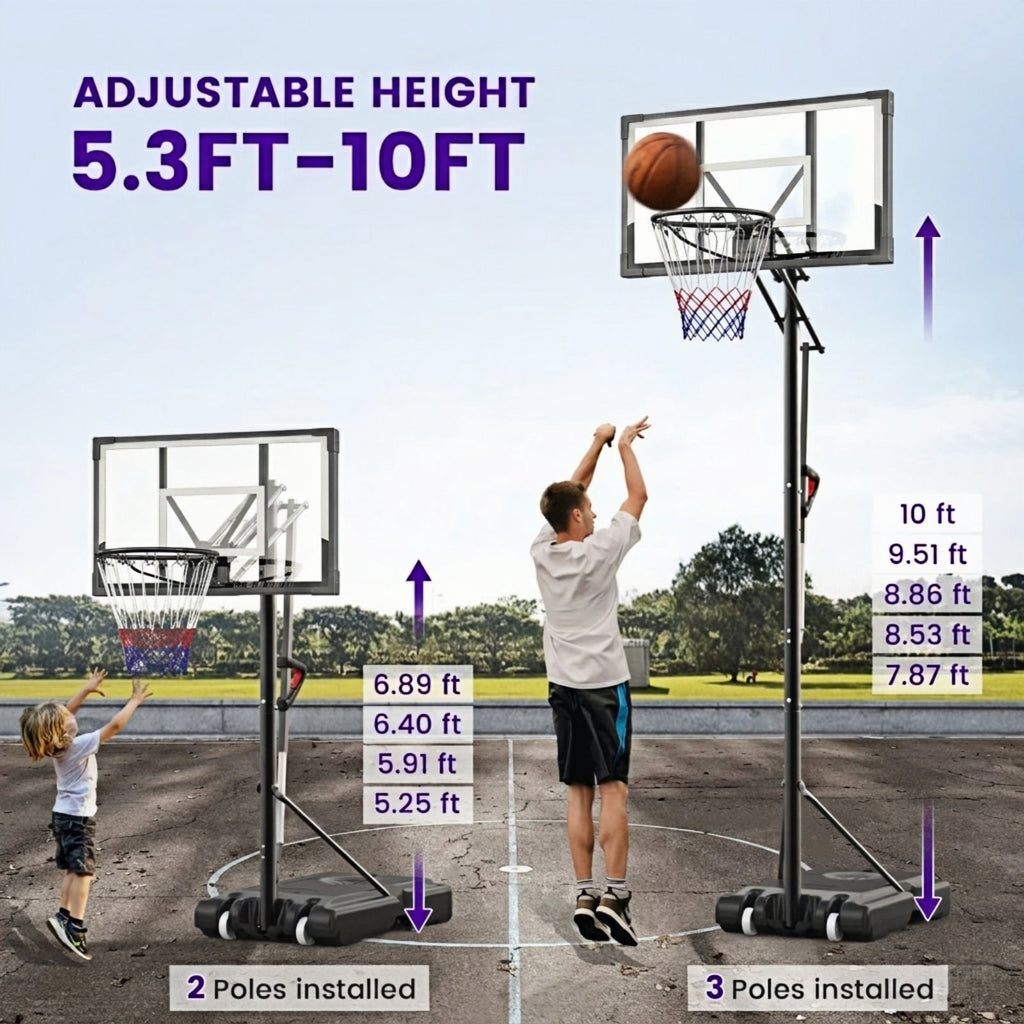 Bexfil 44'' Portable Adjustable Basketball Goal Hoop Stand System, 5.3-10 FT Adjustable with Weight Bag Wheels Outdoor