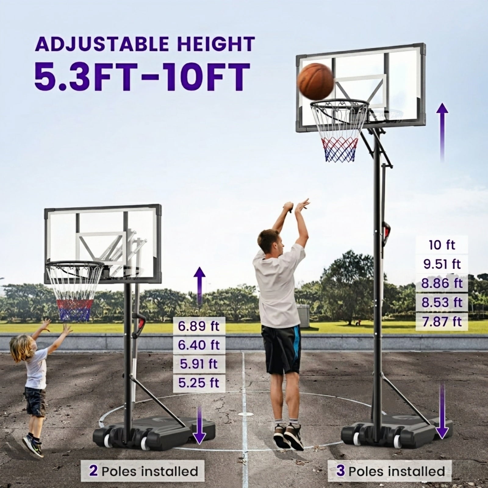 Bexfil 44'' Portable Adjustable Basketball Goal Hoop Stand System, 5.3-10 FT Adjustable with Weight Bag Wheels Outdoor