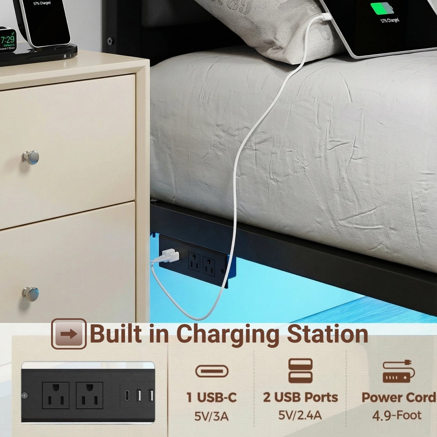 Dayago Queen Size Bed Frame with Upholstered Headboard, LED Light and USB Socket, No Box Spring Required