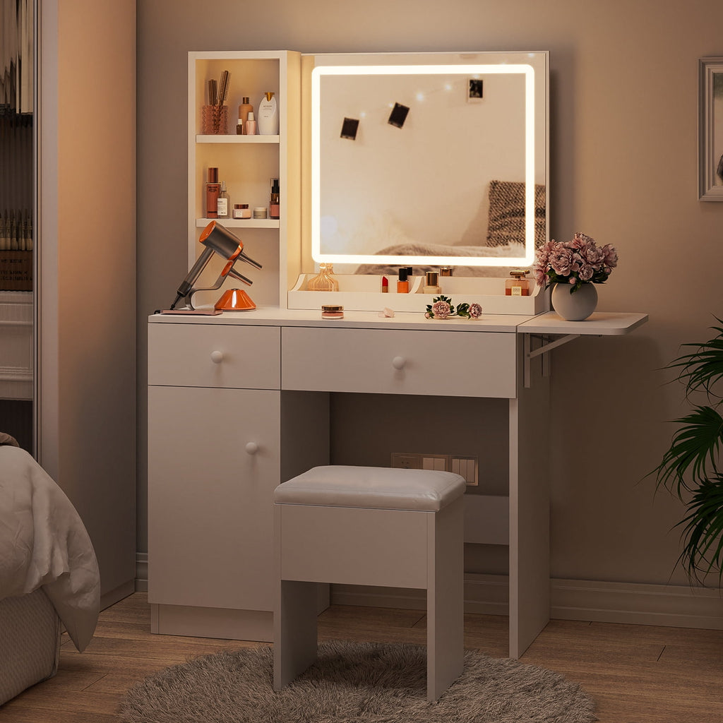 Bexfil Vanity Set Dressing Table and Chair Set with 3 Lighting Modes, Makeup Vanity Desk Mirror and Lights, White