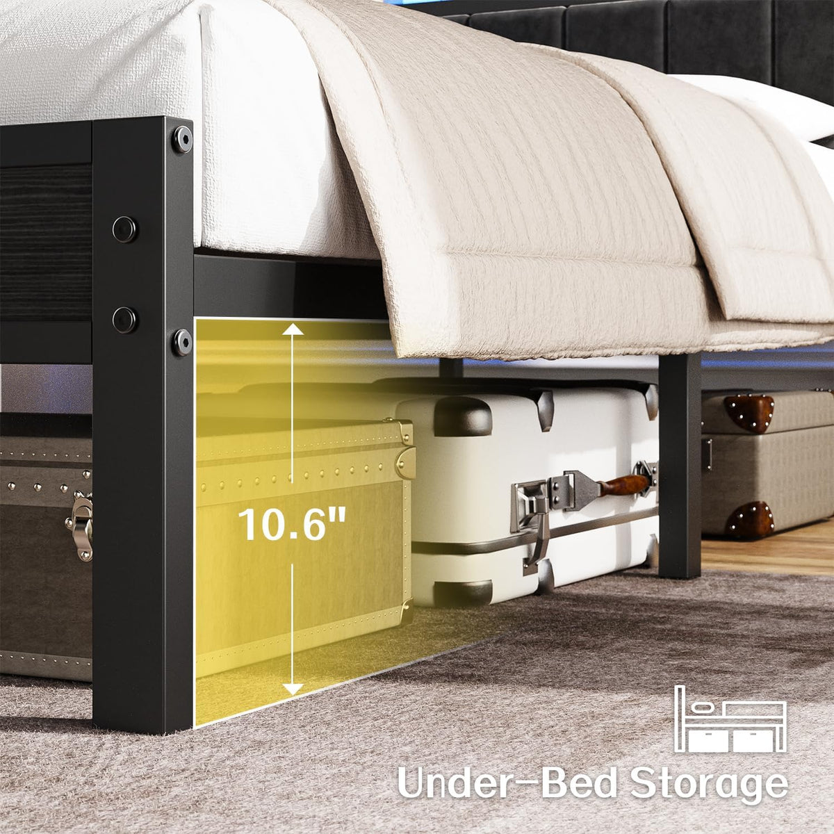 OLEVS Full Bed Frame with LED Lights & Charging Station Modern Platform Bed| Upholstered 2-Tier Storage Headboard, No Box Spring Needed, Easy Assembly