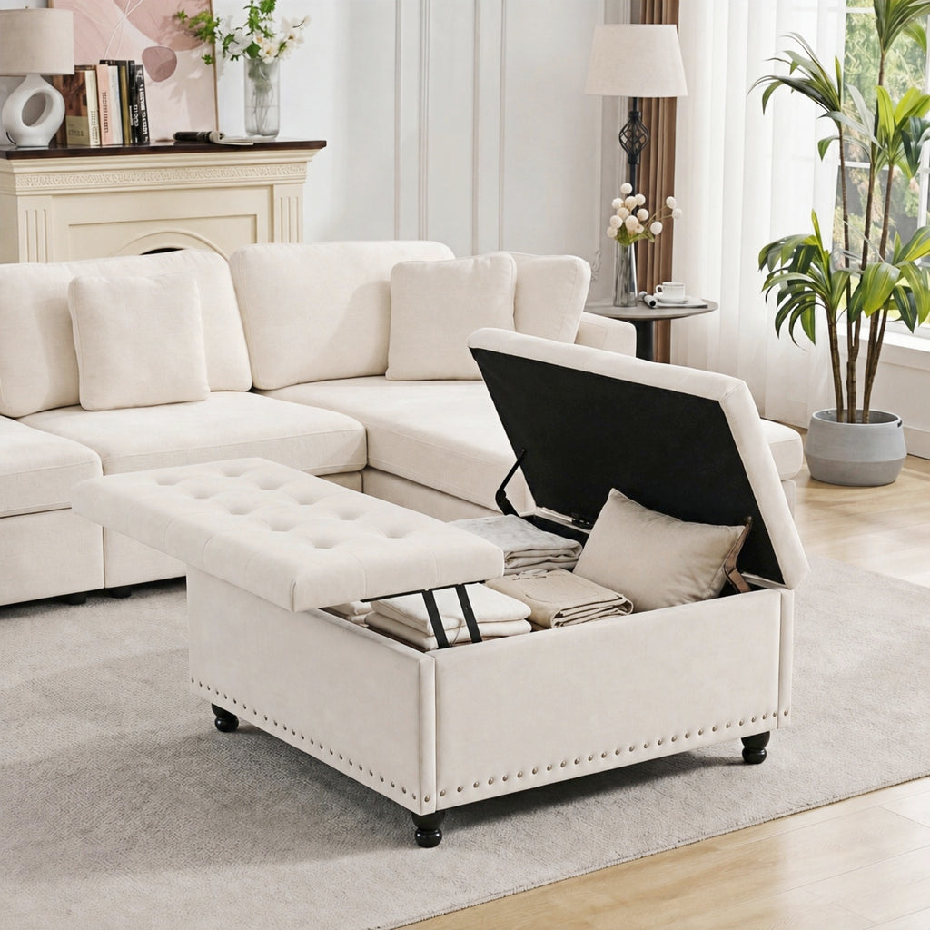 Bexfil Large Square Storage Ottoman, Coffee Table Storage Ottoman, Tufted Upholstered Oversized Square Ottoman for Living Room, White