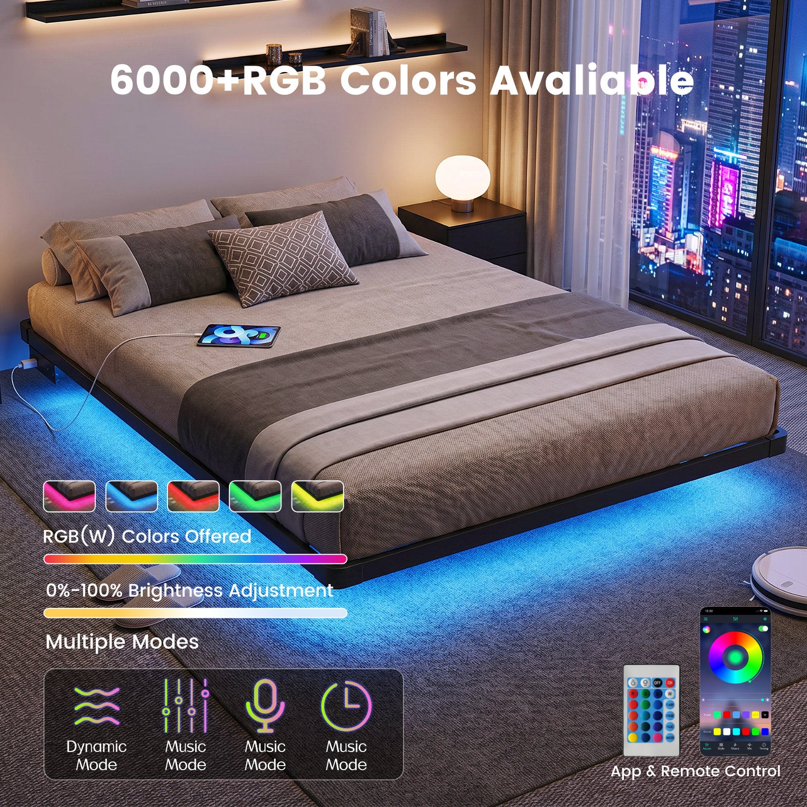 Bexfil Modern Floating Queen Size Bed Frame with LED Lights, Sturdy Metal Platform Bed with Round Safety Corners and Mattress Stabilizers, 1000lbs Heavy Duty Support, Easy Assembly