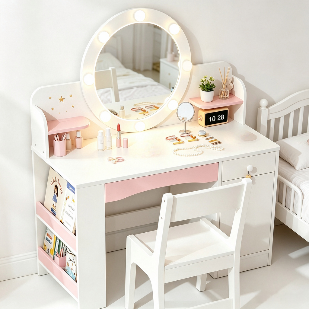 Kbun 35 in Wooden Kids' Vanity Set, Princess Style Dressing Table, Stool, and Furniture Set for Girls Ideal Birthday Gift ,White