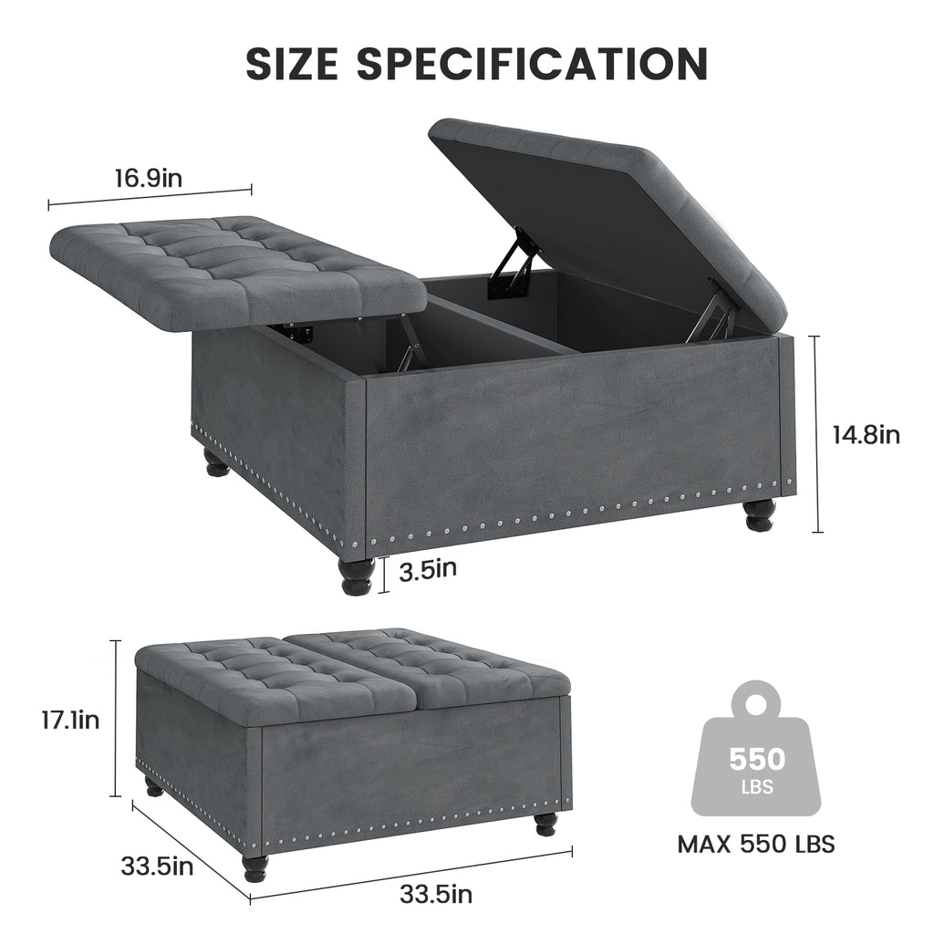 Kbun 33.5 inch Large Square Storage Ottoman, Tufted Upholstered Coffee Table with Lift Top & Solid Wood Legs, Oversized Storage Bench Ottomans Toy Box for Bedroom, Living Room, Entryway, Grey