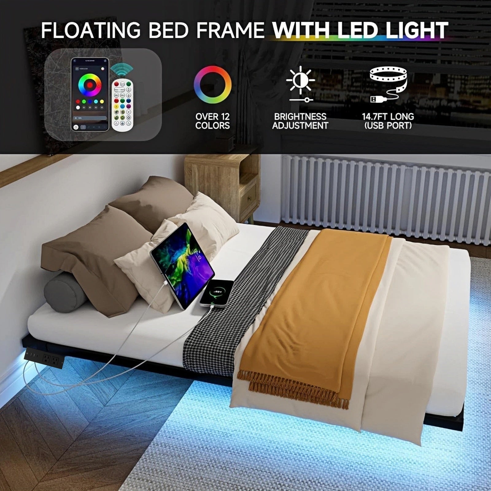 Dayago King Size Floating Platform Bed Frame with LED Lights, Charging Station, Sturdy Metal Platform Bed with Round Safety Corners and Mattress Stabilizers, 900lbs Heavy Duty Support, Easy Assembly