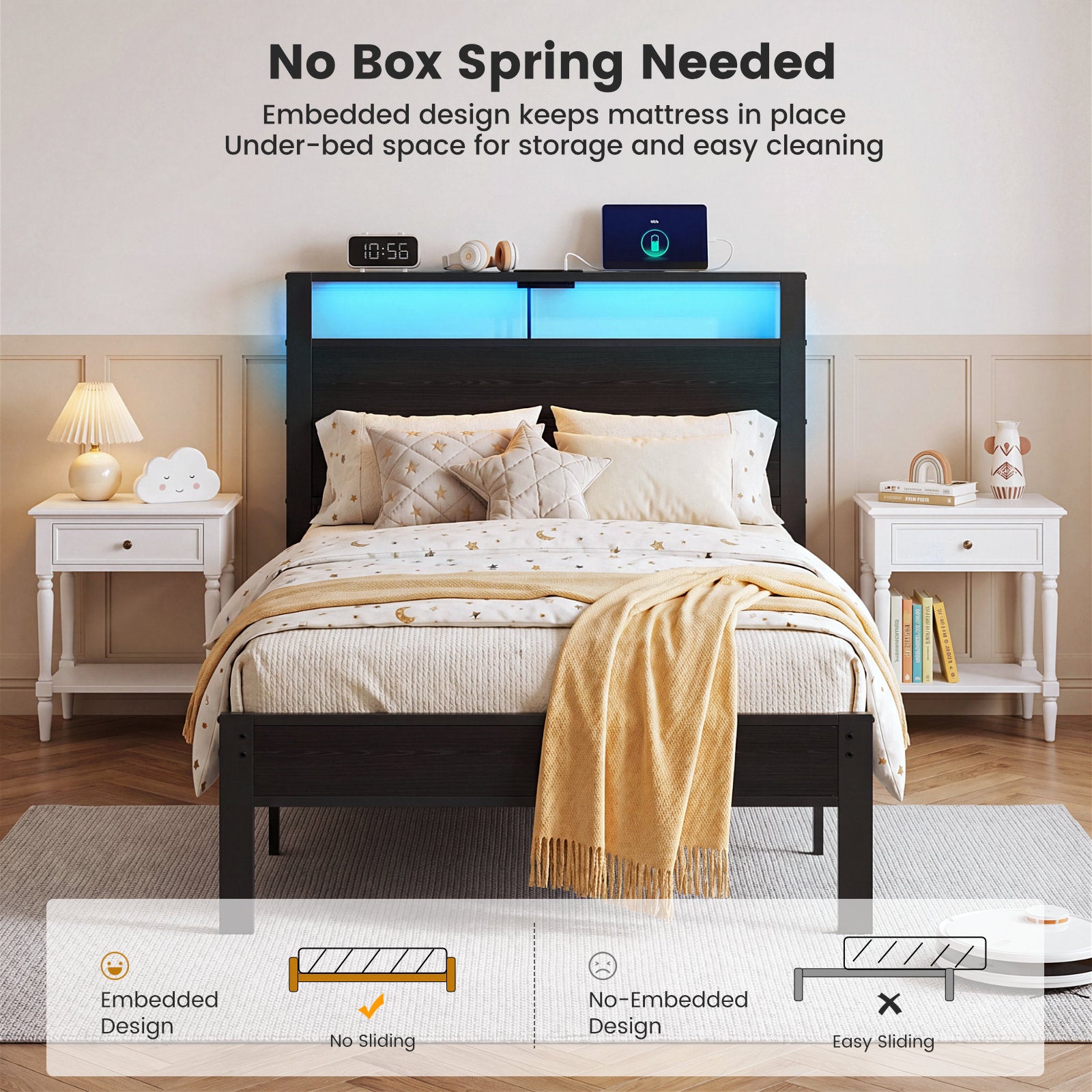 Kbun Twin Size Platform Bed Frame with Fabric Wood Headboard, Metal Bed Frame with LED Light, Heavy Duty Steel Slat Supported Full Bed Frames, No Box Spring Needed, Black
