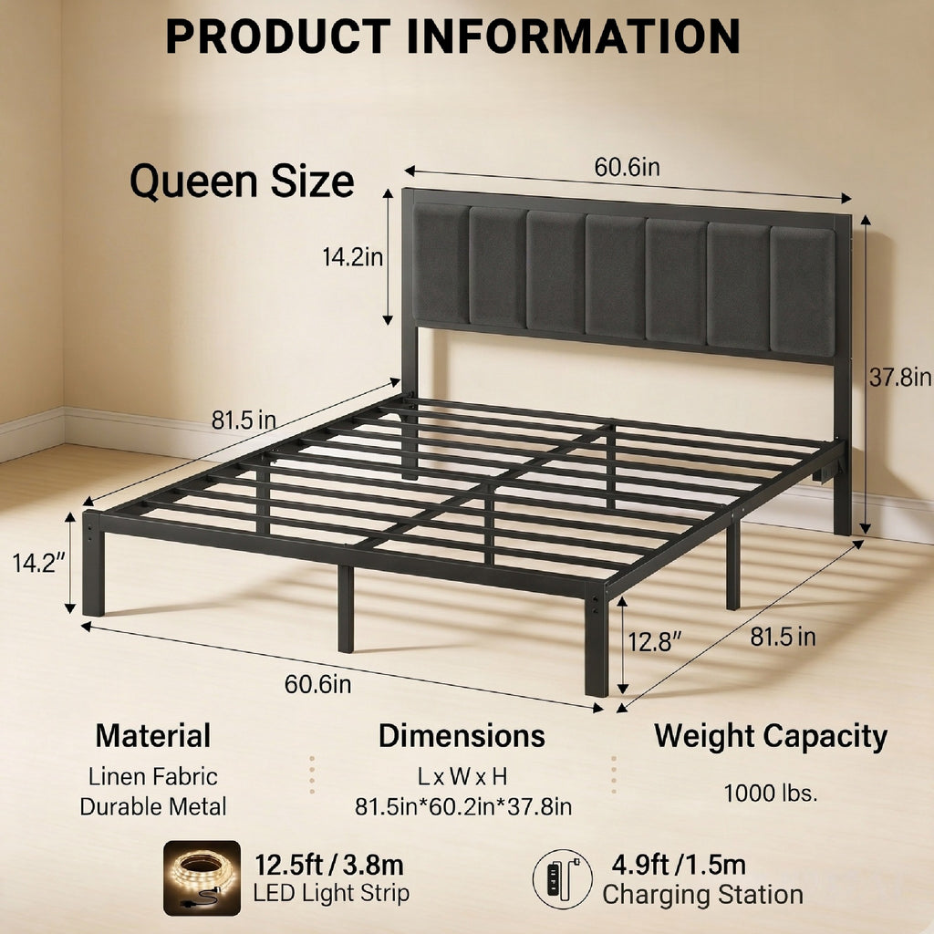 Bexfil Queen Size Upholstered Bed Frame with Metal Slat Support, Metal Platform Bed Frame Charging Station Mattress Foundation, Gray