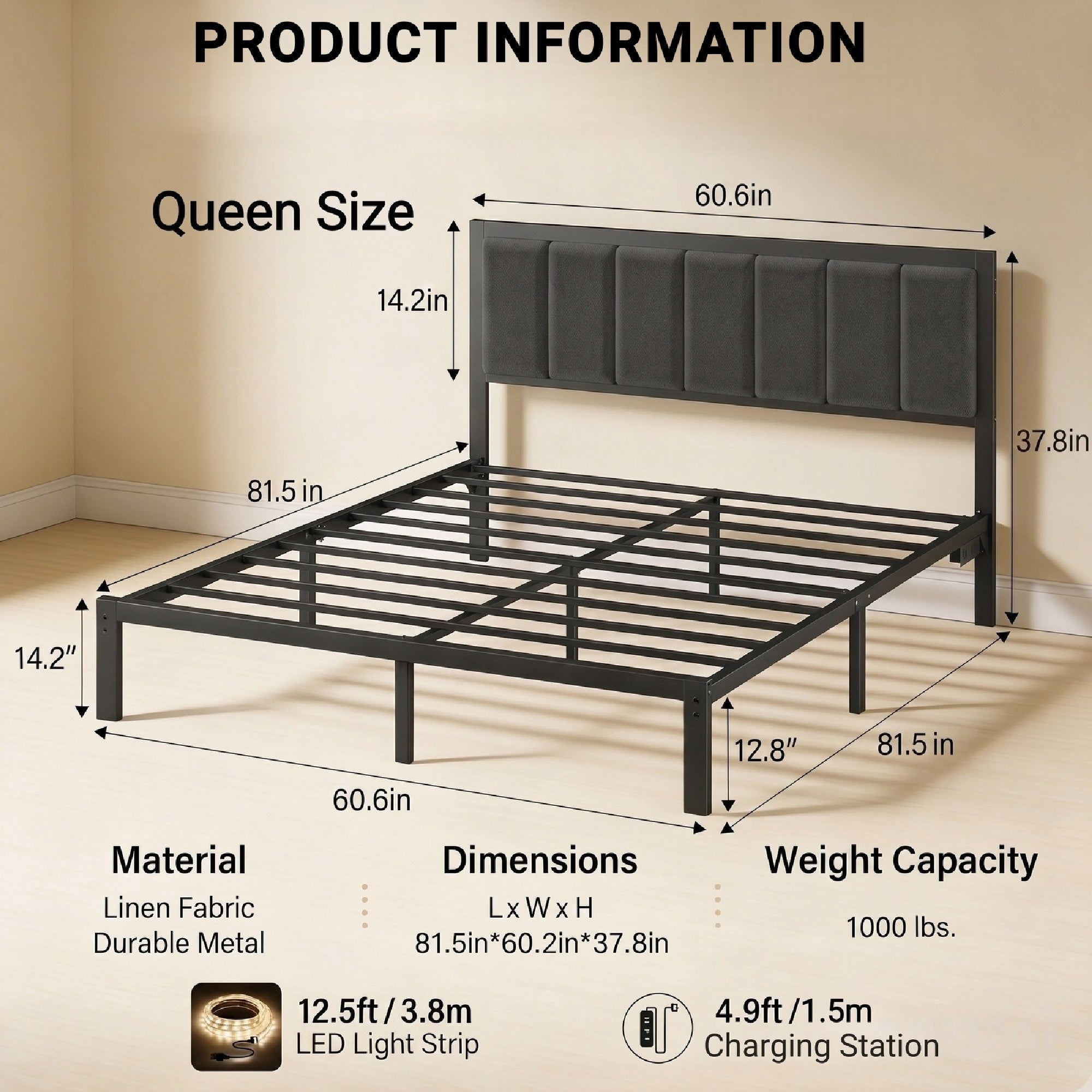 Bexfil Queen Size Upholstered Bed Frame with Metal Slat Support, Metal Platform Bed Frame Charging Station Mattress Foundation, Gray