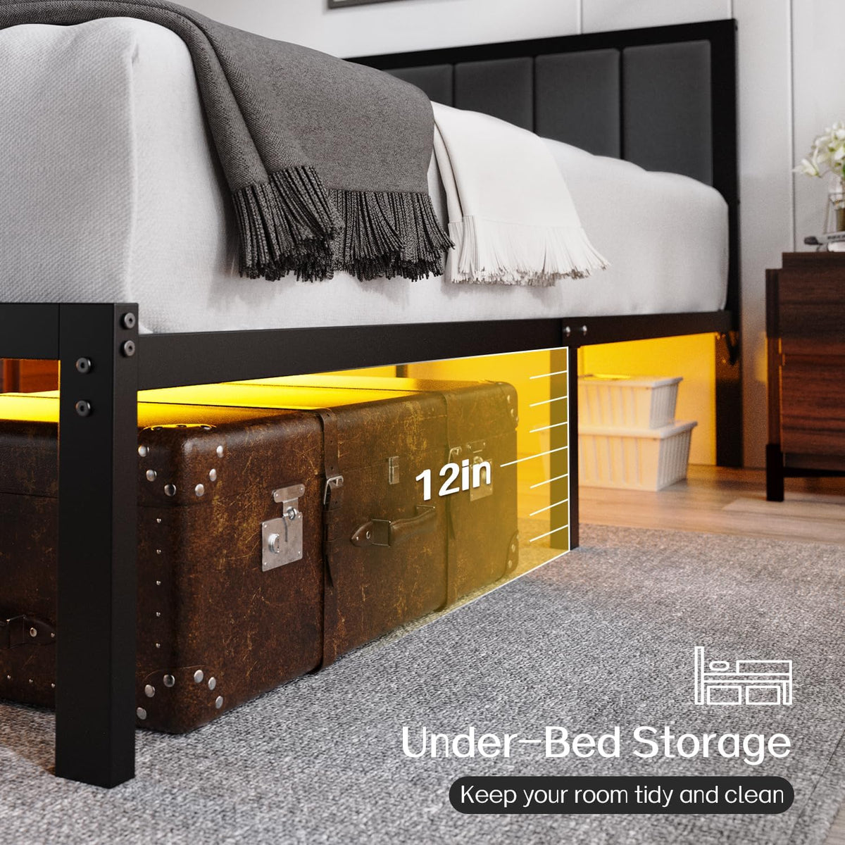 OLEVS Queen Bed Frame with Headboard, Smart LED & Charging Station| Metal Platform Bed Queen Size with LED, USB Charging & Upholstered Headboard, 1,000 lbs Weight Capacity, No Box Spring Needed