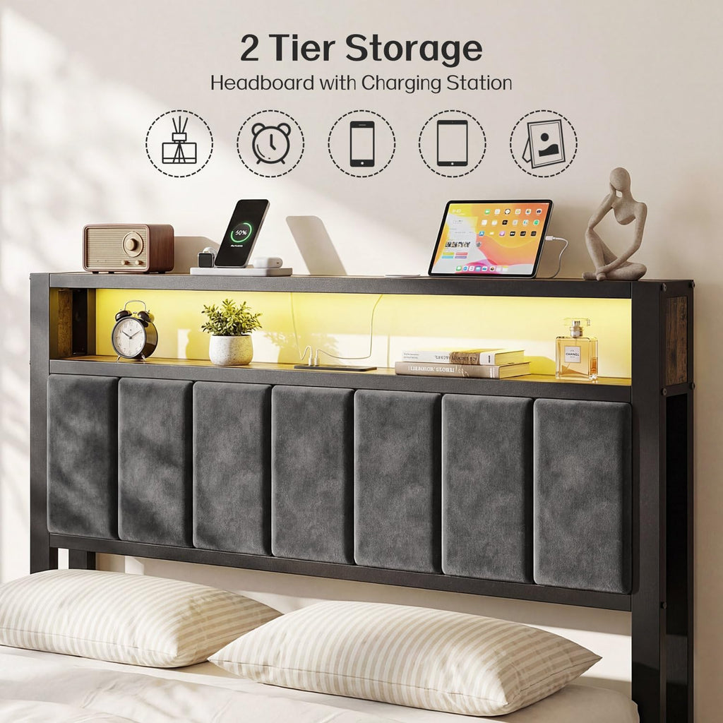 OLEVS Full Size Bed Frame with Headboard, LED Light & Charging Station| Metal Platform Bed Upholstered Headboard 2-Tier