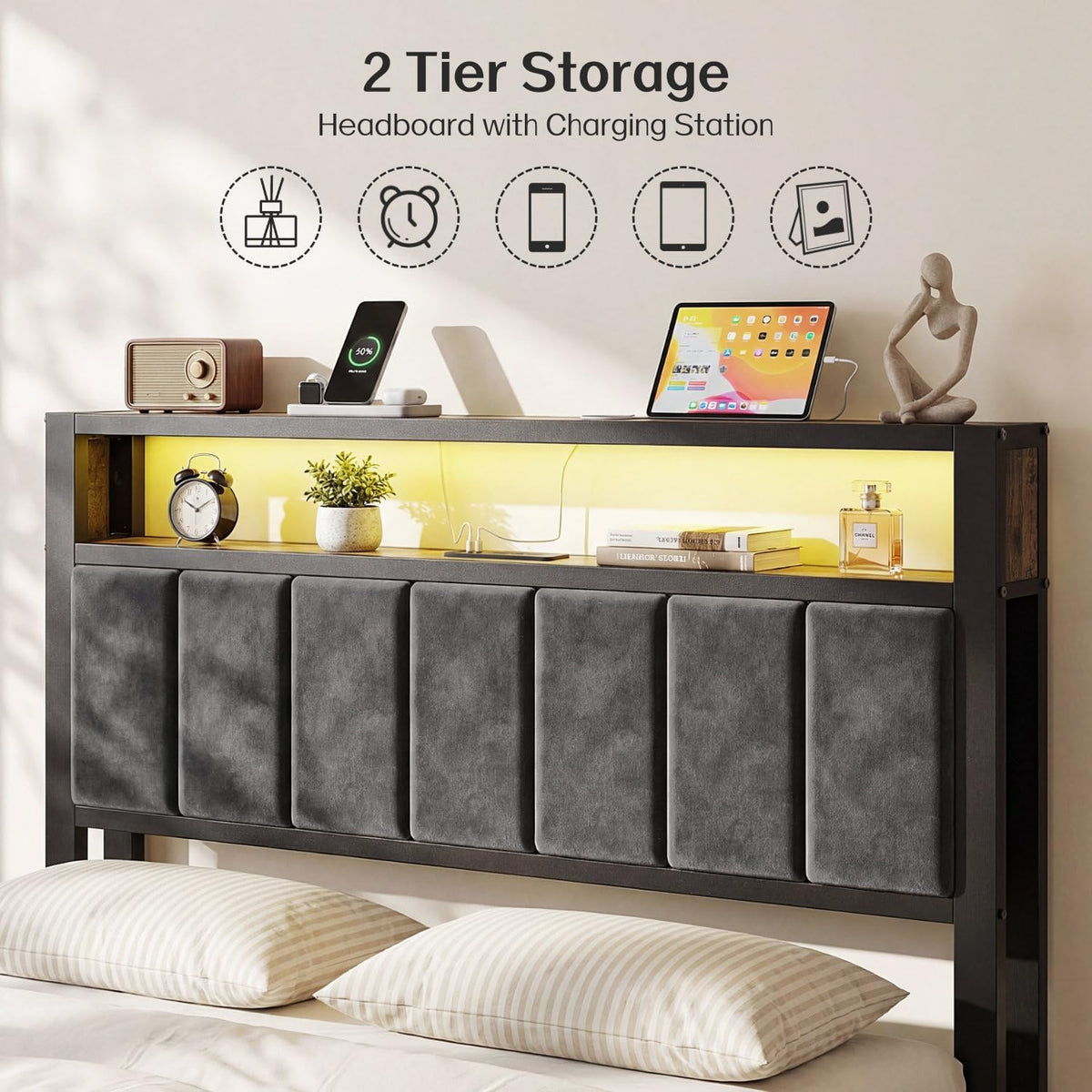 OLEVS Full Size Bed Frame with Headboard, LED Light & Charging Station| Metal Platform Bed Upholstered Headboard 2-Tier