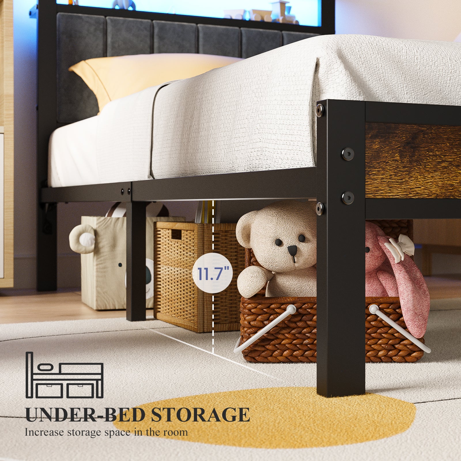 Kbun Twin Bed Frame with LED Lights & Charging Station, Metal Platform Bed Frame with 2-Tier Storage Headboard, Under Bed Storage Space, No Box Spring Needed, Noise Free