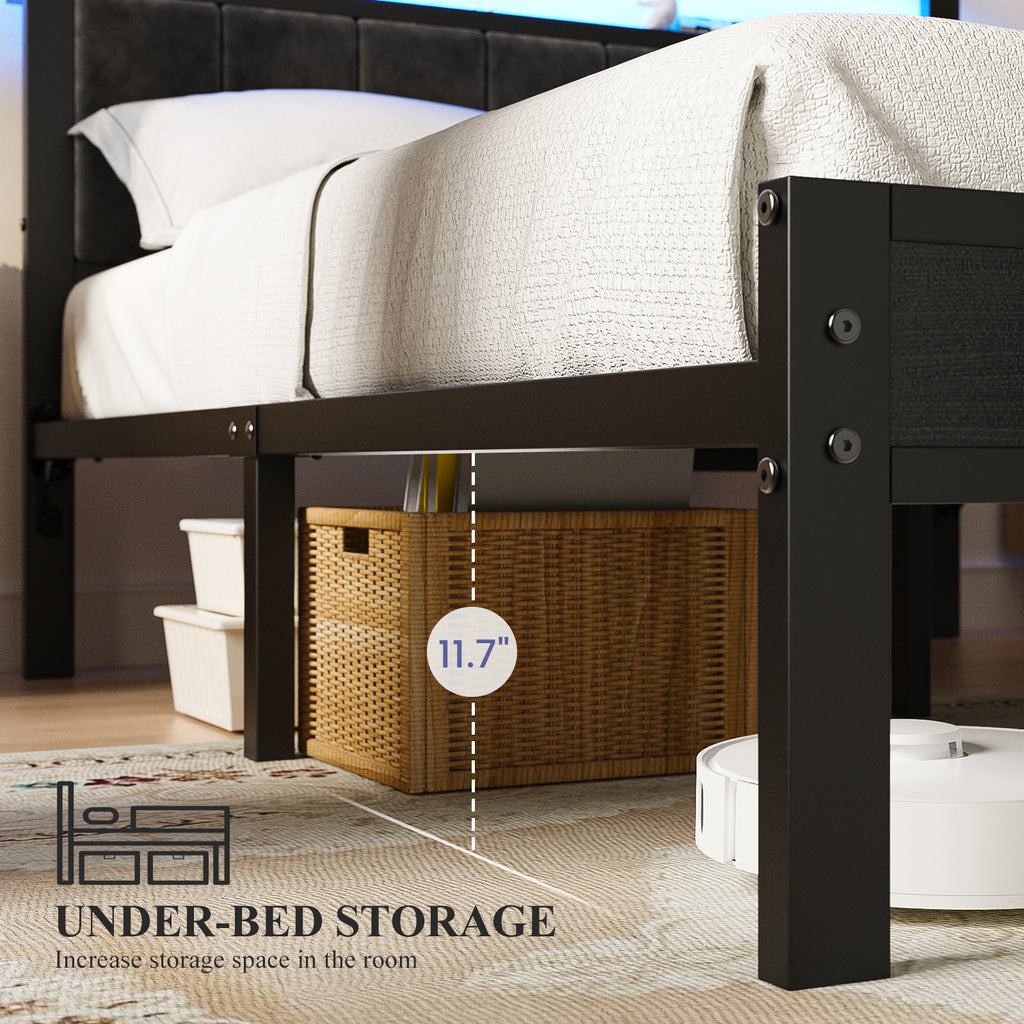 Kbun King Size Platform Bed Frame with Upholstered Headboard, Metal Bed Frame with LED Light, Heavy Duty Steel Slat Supported Full Bed Frames, No Box Spring Needed, Black