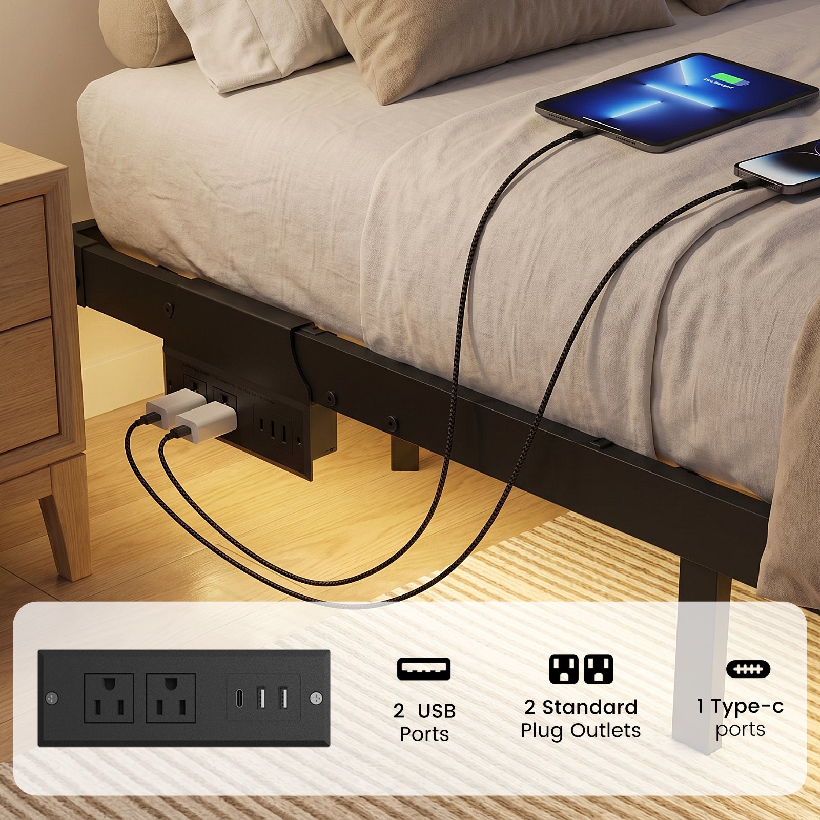 Bexfil King Size LED Floating Bed Frame with Remote Control and Charging Station, No Box Spring Needed, Easy to Assemble
