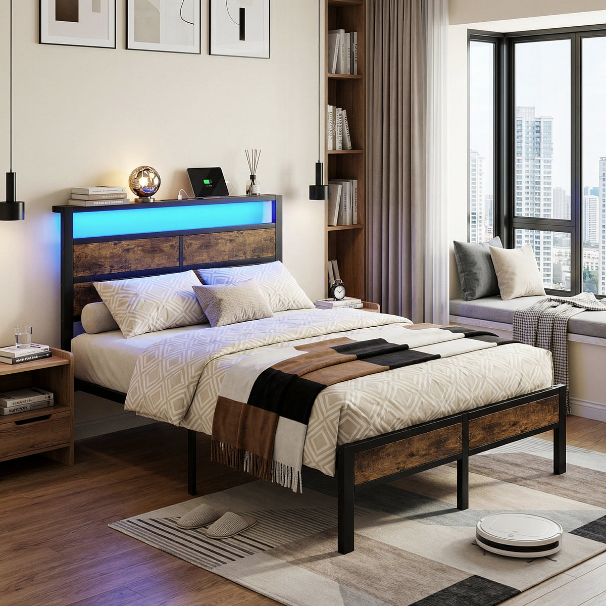 Kbun Full Size Bed Frame with Headboard, LED Lights & Charging Station, No Box Spring Needed, Noise-Free, Easy Assembly