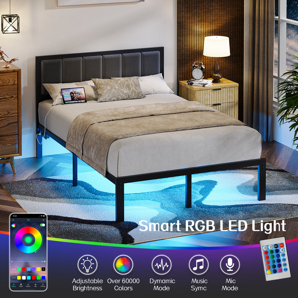 Kbun Metal Platform Bed Frame, Full Bed Frame with Upholstered Headboard, Charage Station and LED Light Strip, Under-Bed Storage, No Box Spring Needed, Easy Assembly, Gray