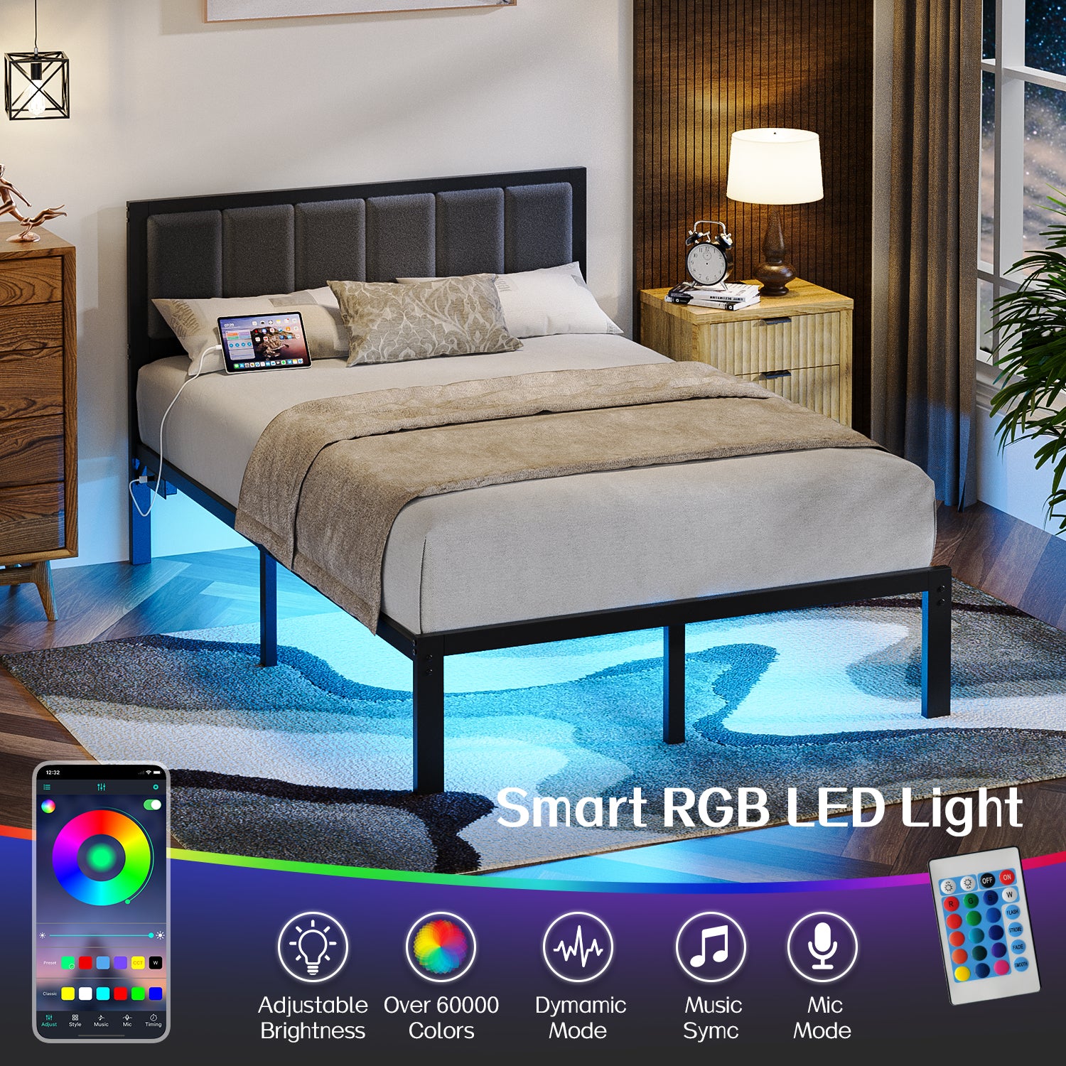 Kbun Metal Platform Bed Frame, Full Bed Frame with Upholstered Headboard, Charage Station and LED Light Strip, Under-Bed Storage, No Box Spring Needed, Easy Assembly, Gray