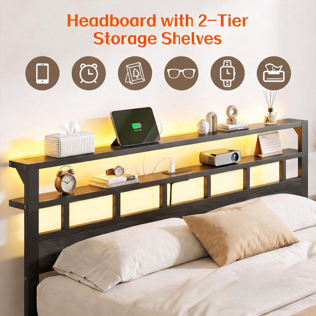 Kbun Full Size LED Metal Bed Frame with 2-Tier Storage Headboard and Charging Station,No Box Spring Needed, Easy Assembly, Black