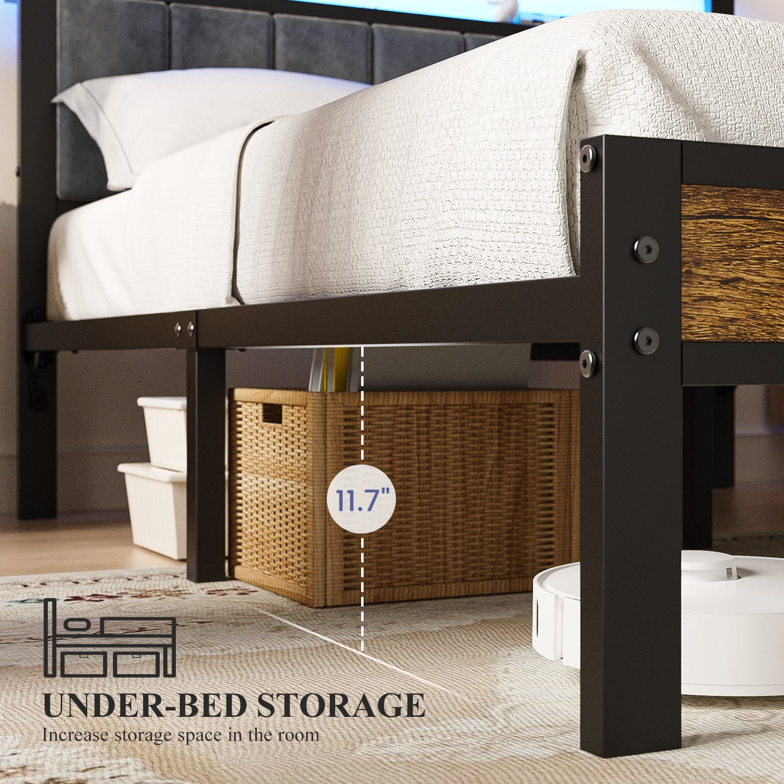 Kbun Queen Bed Frame with Storage Shelves & LED Light Headboard, Metal Platform Bed Frame with USB and Type-C Charging Station, No Box Spring Needed