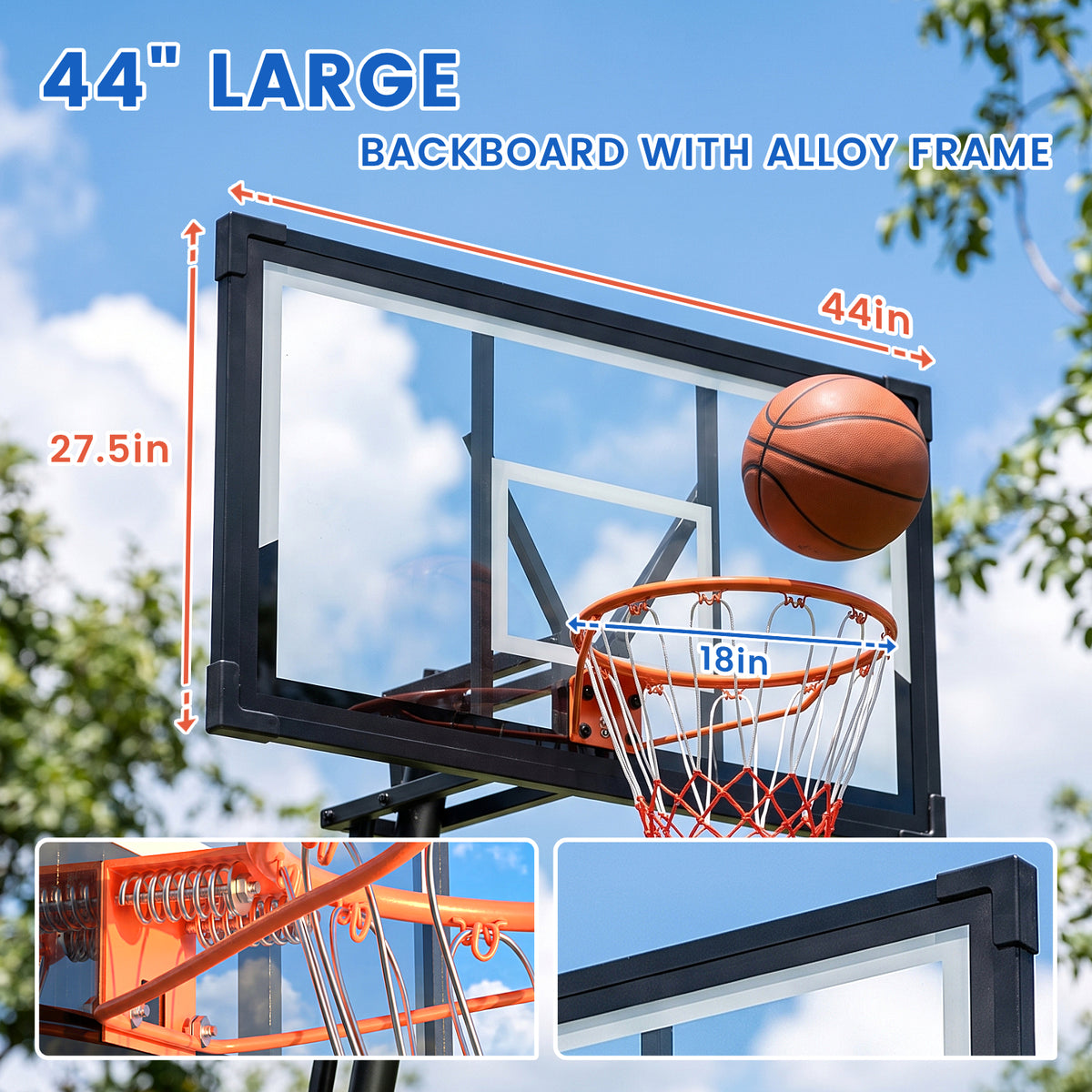FirstAsk 44" Portable Basketball Hoop Outdoor, 5.25-10FT Height Adjustable Basketball Goal System with Shatterproof PC Backboard and Wheels for Kids, Youth, Adults, Backyard Driveway