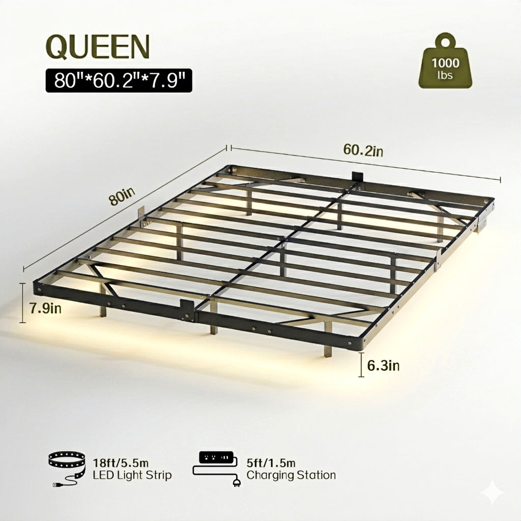 Bexfil Queen Size LED Floating Bed Frame with Remote Control and Charging Station, No Box Spring Needed, Easy to Assemble