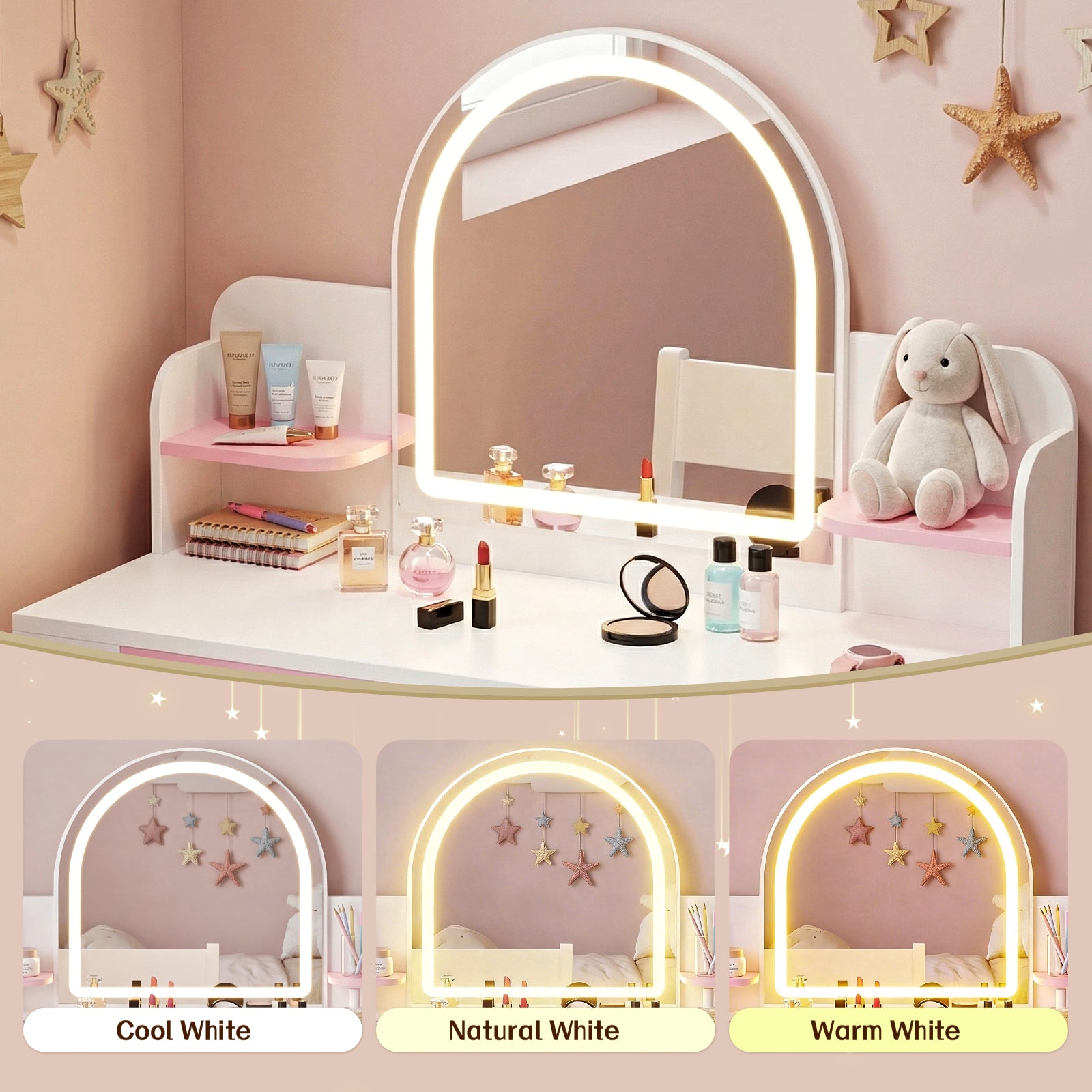 Bexfil Kids Vanity with Lights, Princess Vanity Table and Chair Set for Girls, Toddler Makeup Desk with Open Storage Shelves, for Bedroom or Playroom
