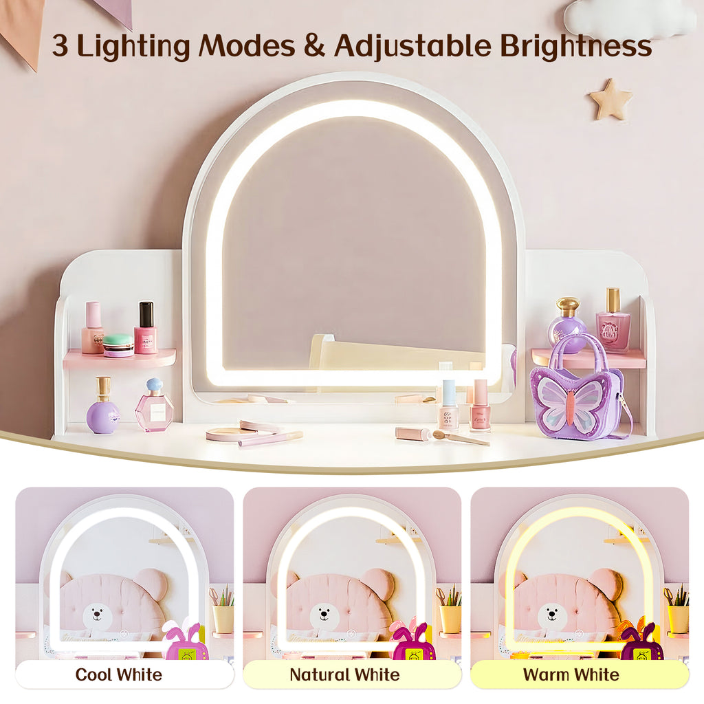 Kbun 27.5 in Wooden Kids' Vanity Set, Princess Style Dressing Table, Stool, and Furniture Set for Girls Ideal Birthday Gift ,White