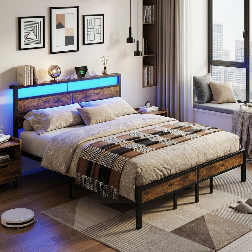 Bexfil King Size Bed Frame,Heavy Duty Metal Platform with Storage Headboard and LED Light,No Box Spring Needed,Easy Assembly,Brown