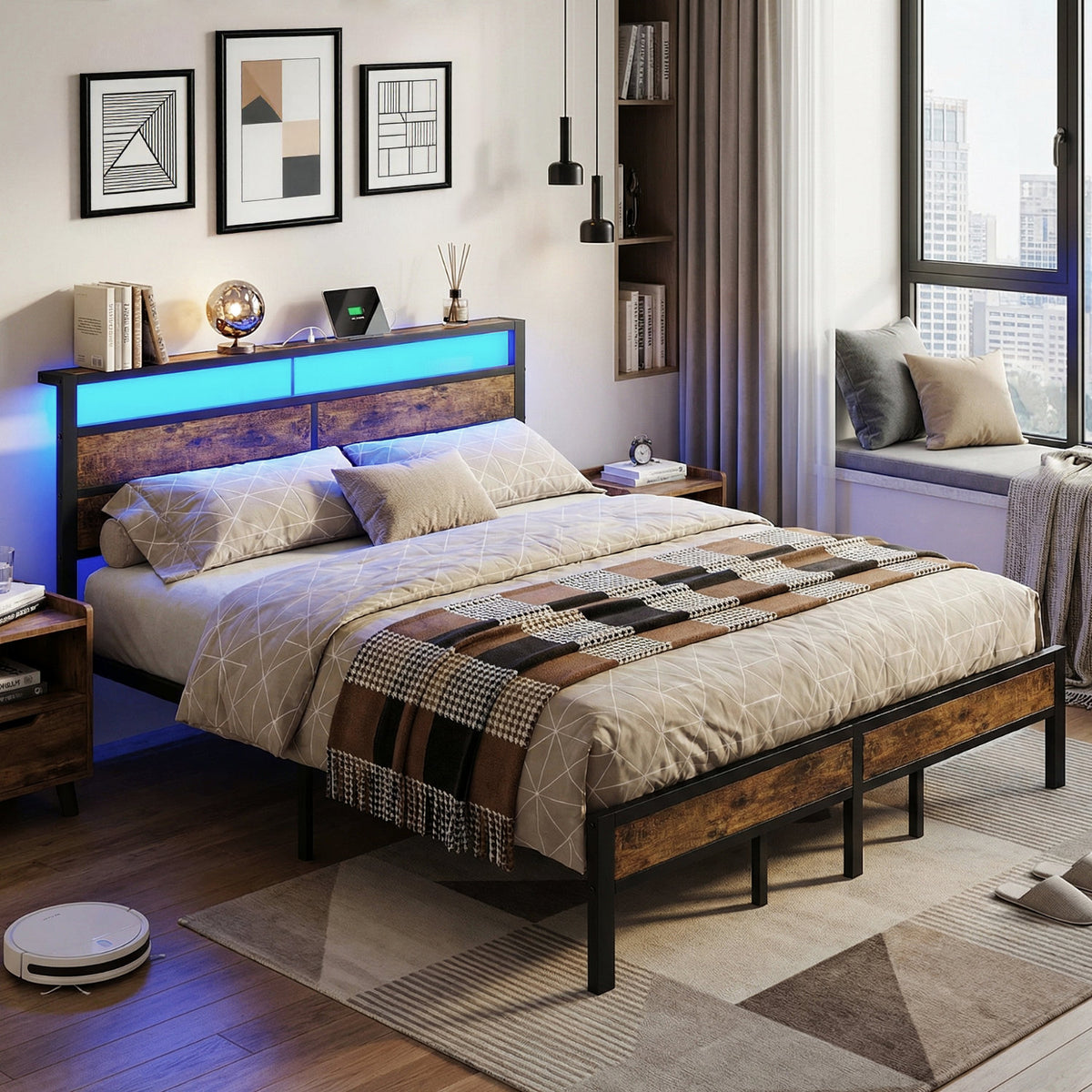 Bexfil King Size Bed Frame,Heavy Duty Metal Platform with Storage Headboard and LED Light,No Box Spring Needed,Easy Assembly,Brown