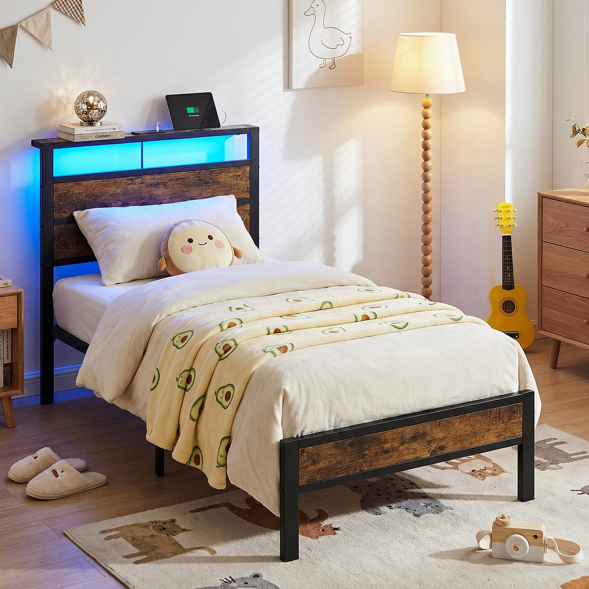 Kbun Twin Size Bed Frame with Wooden Headboard, USB and Type-C Charging Station, Smart LED Lights, Under-Bed Storage, Quiet Metal Platform Twin Size, No Box Spring Required, Easy Assembly
