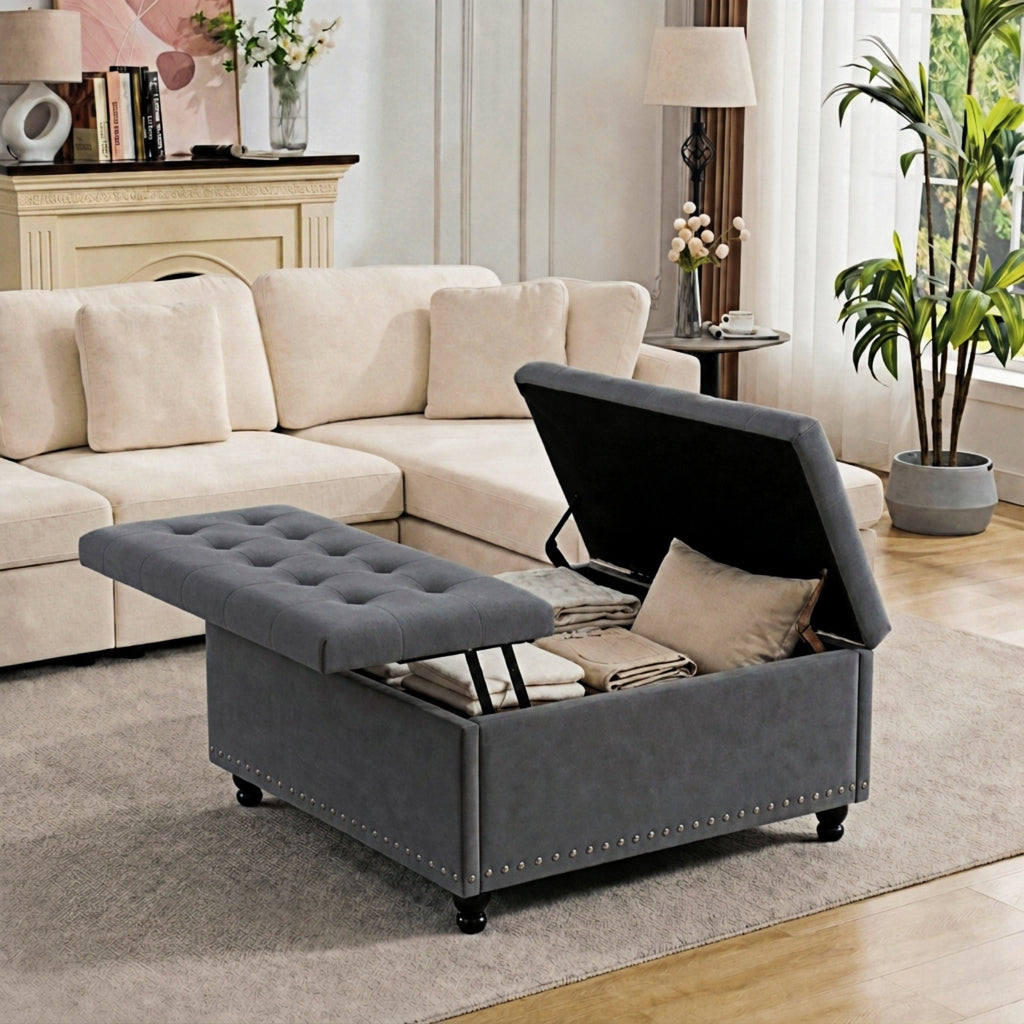 Bexfil Large Square Storage Ottoman, Coffee Table Storage Ottoman, Tufted Upholstered Oversized Square Ottoman for Living Room, Grey