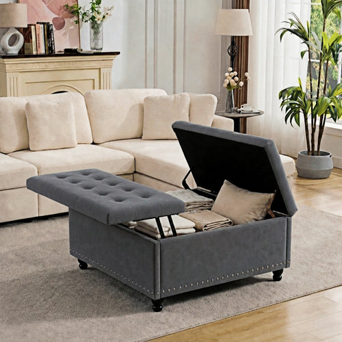 Bexfil Large Square Storage Ottoman, Coffee Table Storage Ottoman, Tufted Upholstered Oversized Square Ottoman for Living Room, Grey