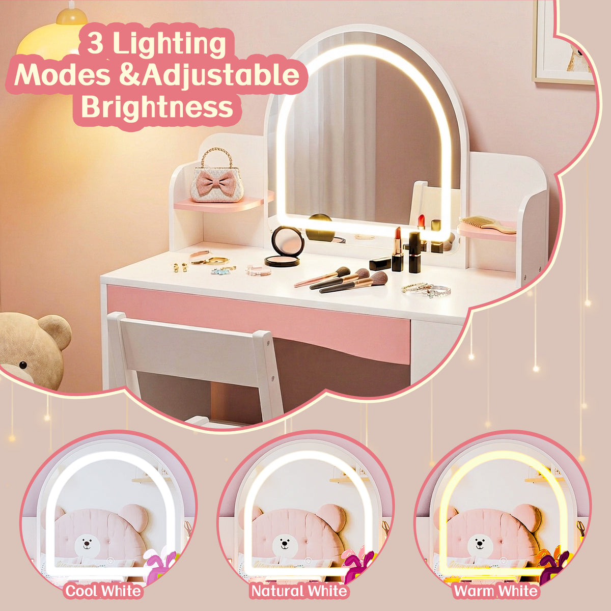 Bexfil Toddler Vanity with Lights and Chair Set, Kids LED Makeup Table with Adjustable Brightness & 3 Lighting Modes, Open Shelves and Bookshelf for Bedroom, Children's Study