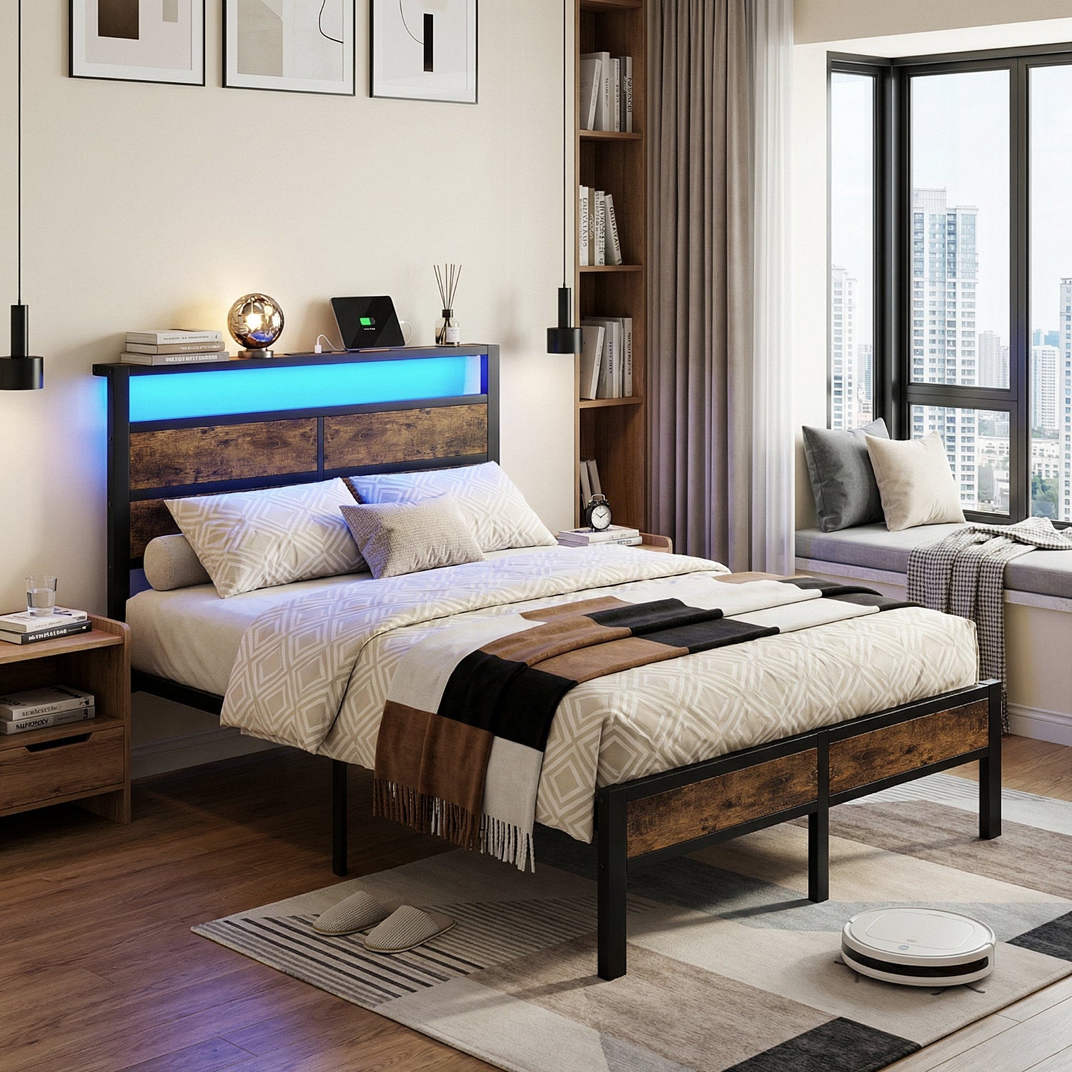 Bexfil Full Platform Bed with Charging Station and LED Lights - Wood Headboard Frame with USB Ports and Power Outlet - Noise-Free, No Box Spring Needed, Brown