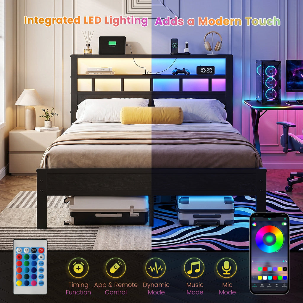 Bexfil Full Bed Frame with Storage Headboard and LED Light, Metal Platform Bed Station with Charging Station & LED, Noise-Free, No Box Spring Needed