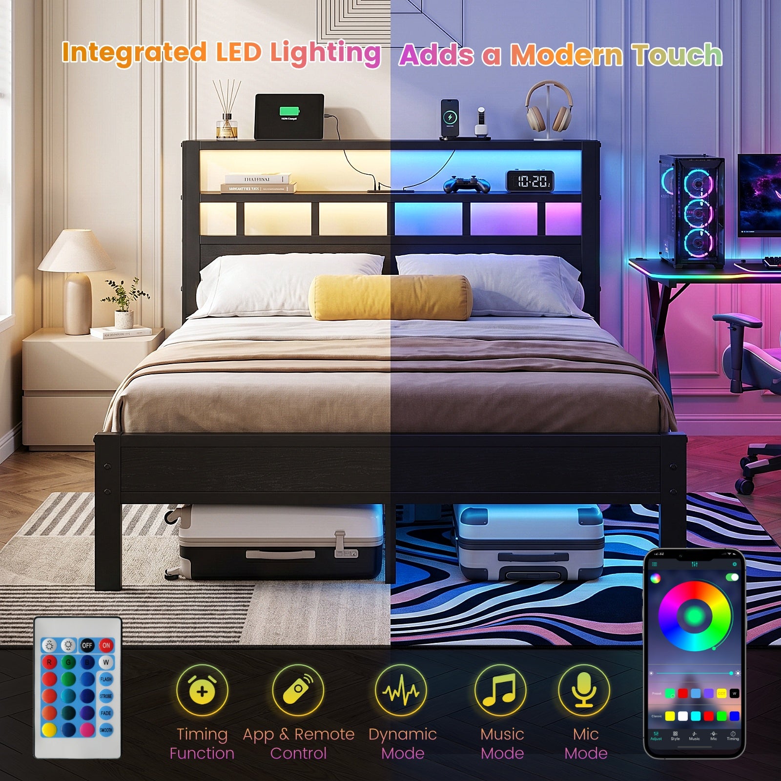 Bexfil Full Bed Frame with Storage Headboard and LED Light, Metal Platform Bed Station with Charging Station & LED, Noise-Free, No Box Spring Needed
